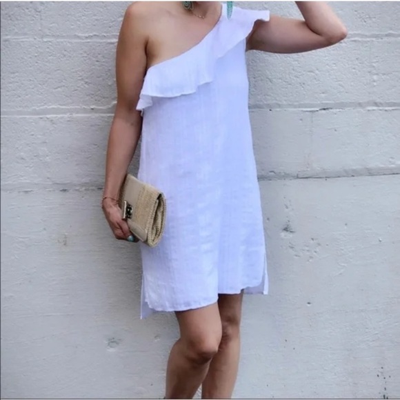 Cloth &Stone for Anthro One-Shoulder Eyelet Ruffle Mini Dress feminine coastal - Picture 2 of 14